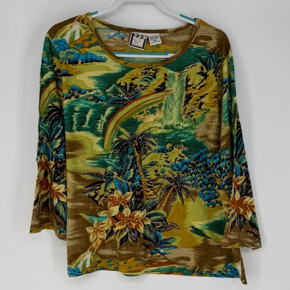 Take Two Clothing Co. Tops - Take Two Top Women XXL Multicolor Tropical Rainbow Sequin Beaded Cotton Art Wear